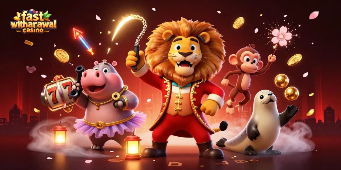 Experience the thrill of a fast withdrawal casino with vibrant circus characters and slot reels.