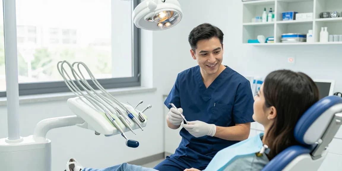 Dental supplies displayed in a modern clinic's bright environment showcasing instruments and patient care.