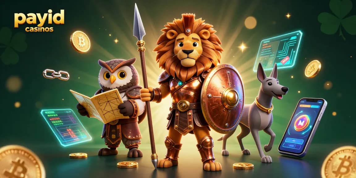 Join the action at payid casinos with a fierce lion, wise owl, and swift greyhound in this vibrant scene.