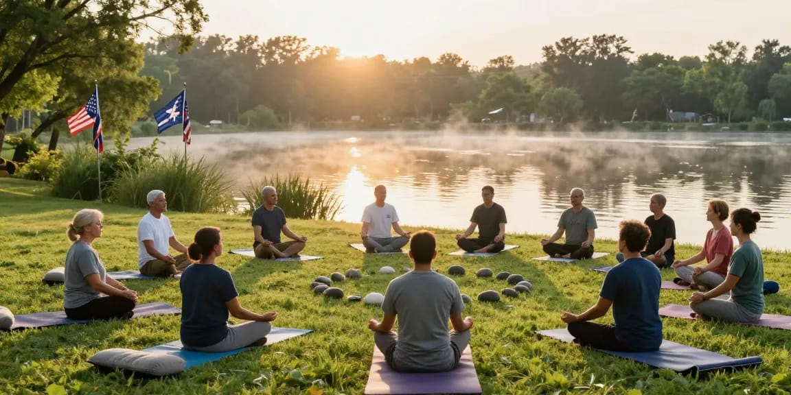 Mindful veterans practicing meditation by serene lake, showcasing community support through Veterans For Healing.