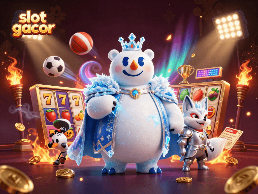 Experience slot gacor with a polar bear king and silver fox in a vibrant casino scene.