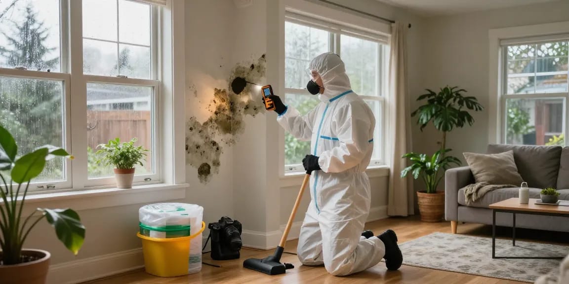 Mold Remediation Vancouver technician inspecting for mold growth in a cozy home.