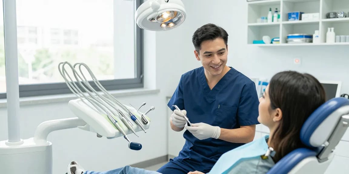 Dental supplies displayed in a modern clinic's bright environment showcasing instruments and patient care.