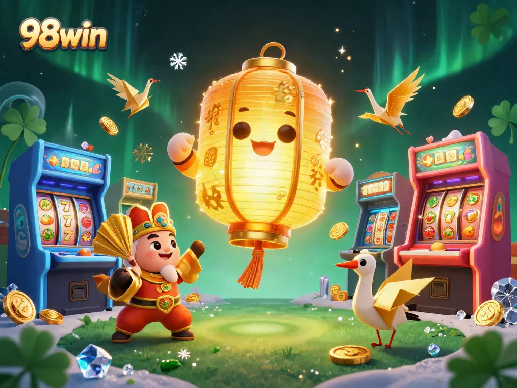 Engage with 98win's exciting night market casino, featuring a glowing lantern spirit and vibrant game elements.