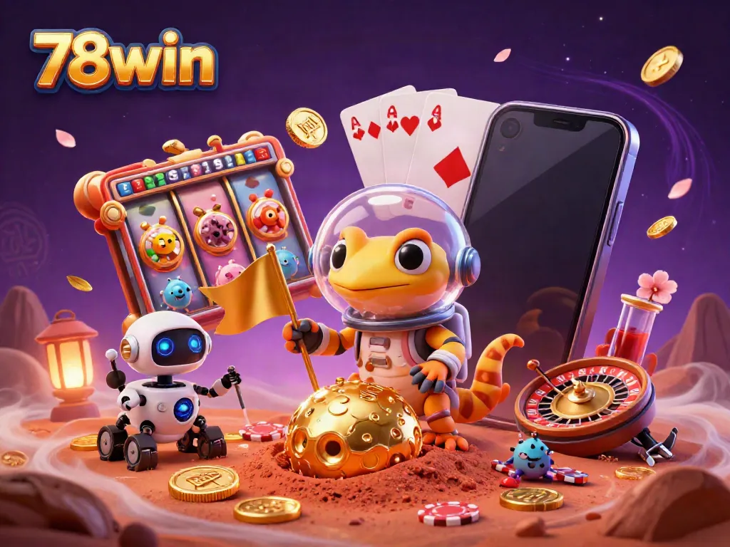 Engage with 78win in a vibrant, adventurous casino scene featuring a Martian gecko and dynamic gaming elements.