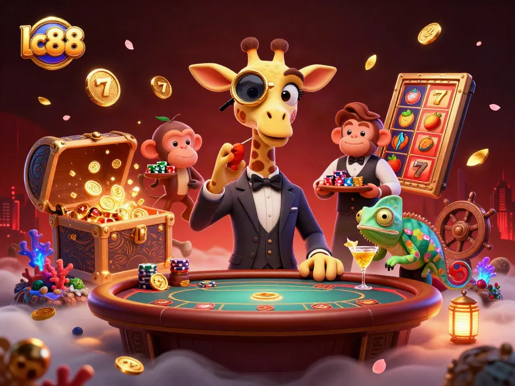 Experience the excitement of lc88 with a high-roller giraffe at a vibrant poker table, surrounded by gambling treasures.