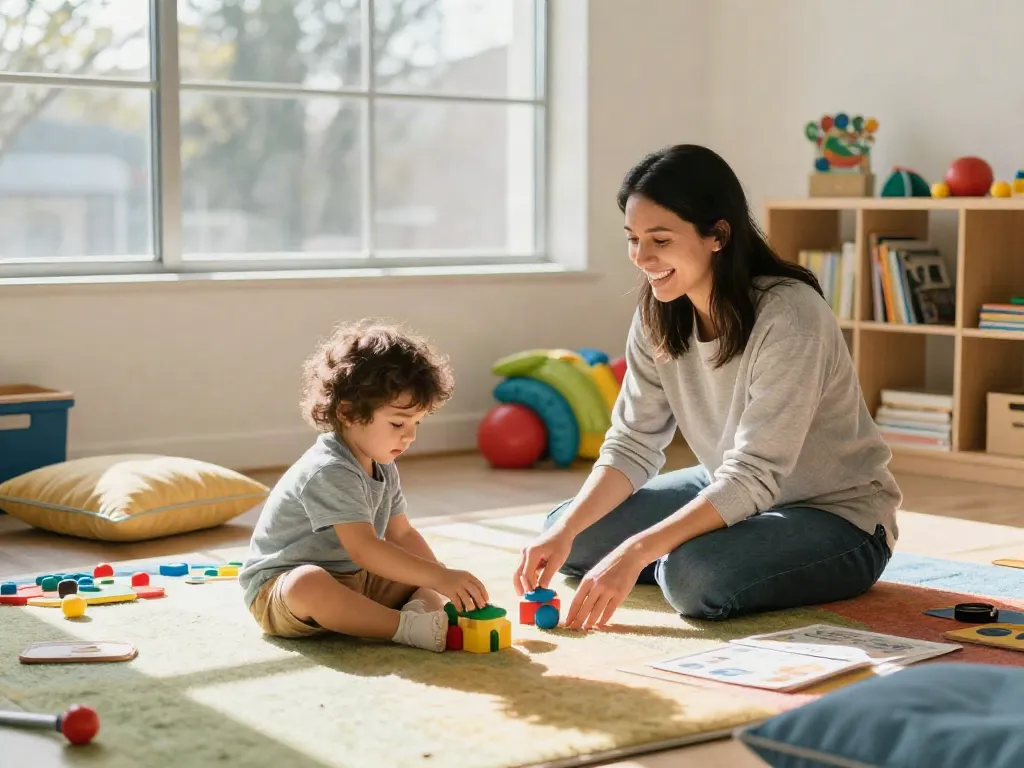 ABA center Burlington therapist engaging with child in a vibrant, welcoming therapy room.