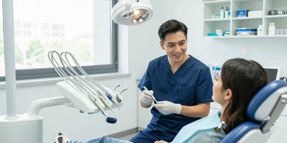 Dental supplies displayed in a modern clinic's bright environment showcasing instruments and patient care.