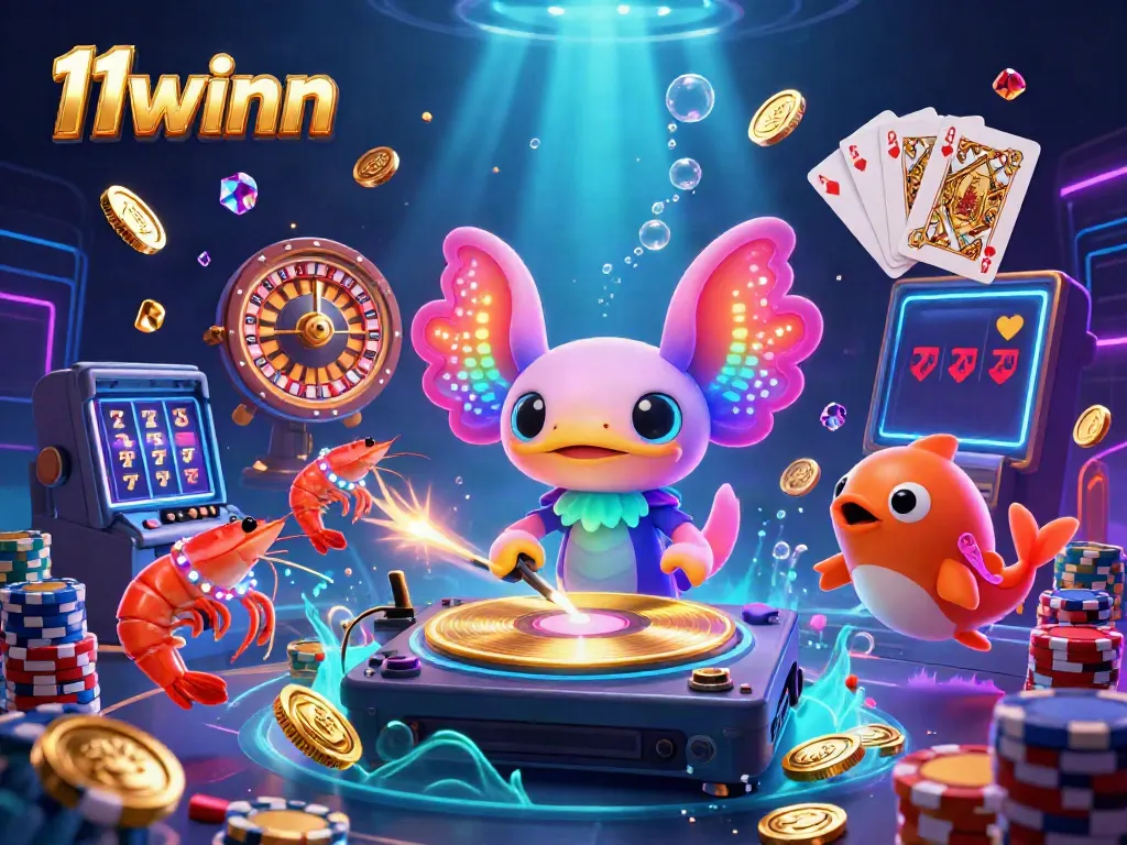 Experience the thrilling casino atmosphere with 11winn's vibrant underwater party featuring DJ axolotl, spinning coins, and dynamic gaming elements.