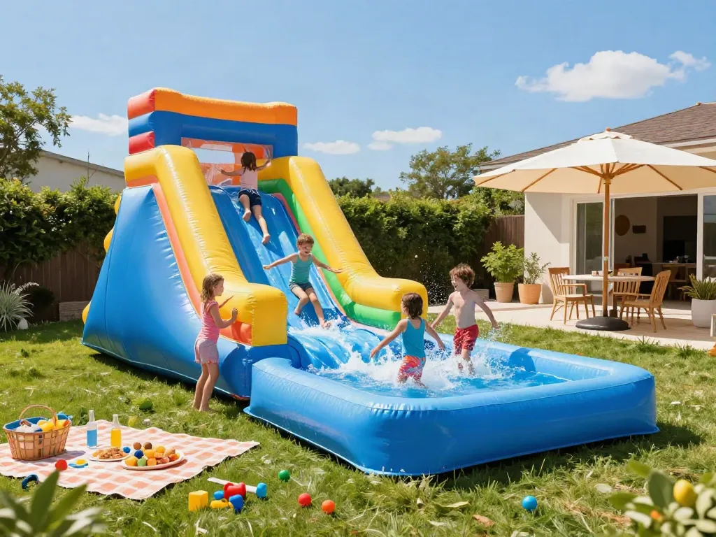 Children sliding down a vibrant inflatable water slide into a splash pool on a sunny day.