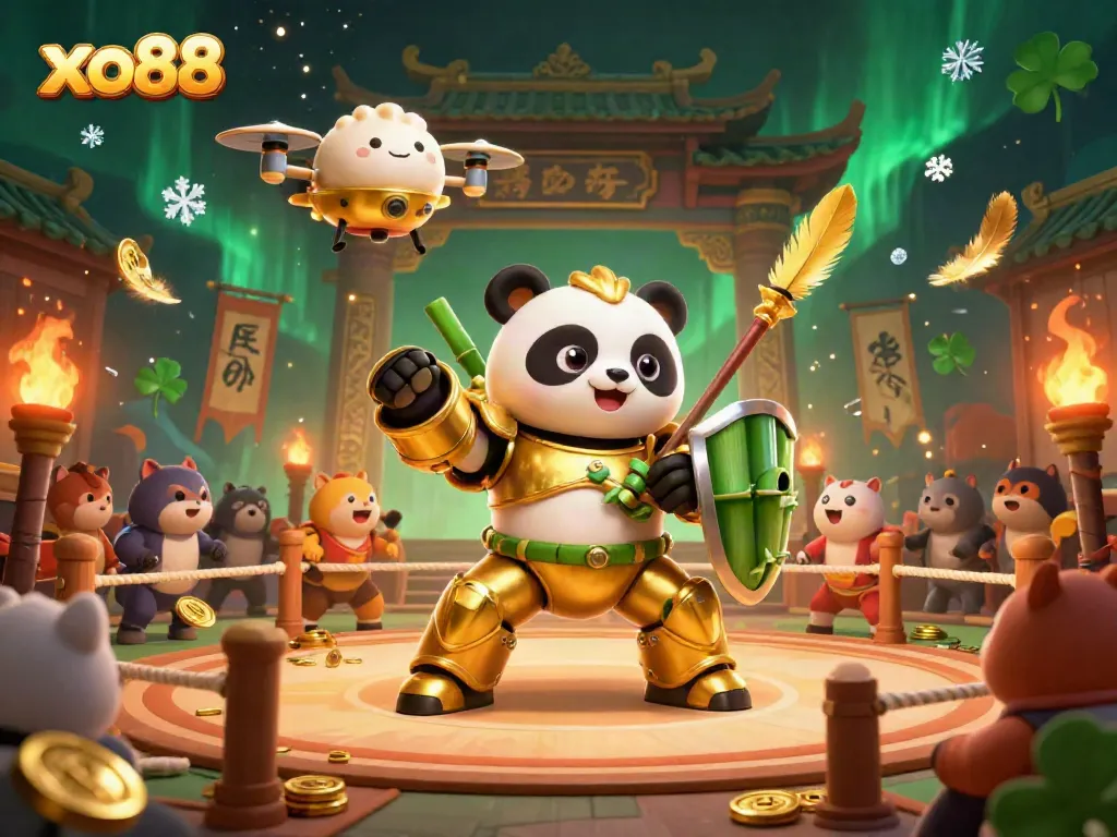 Experience thrilling action with xo88's golden panda piloting a robot in a lively gambling arena.