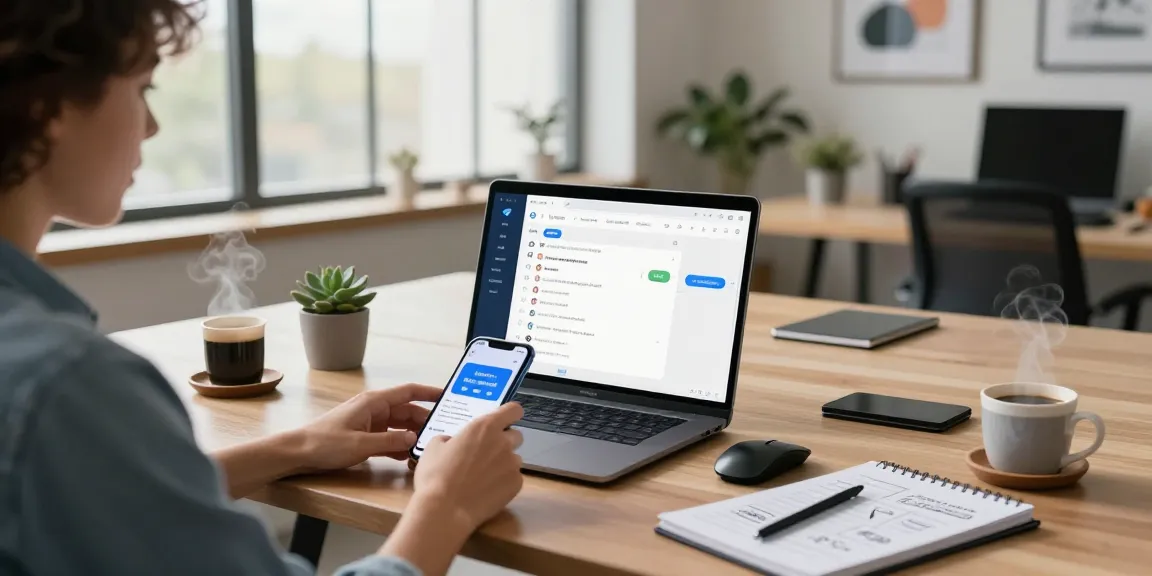 User engaging with Telegram Web Version on a sleek laptop in a modern workspace with tech gadgets.