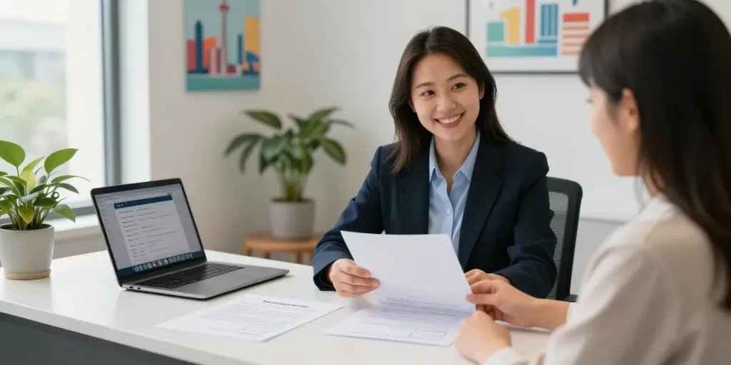 Apostille Toronto office scene with smiling notary public assisting a client on document verification and online quotes.