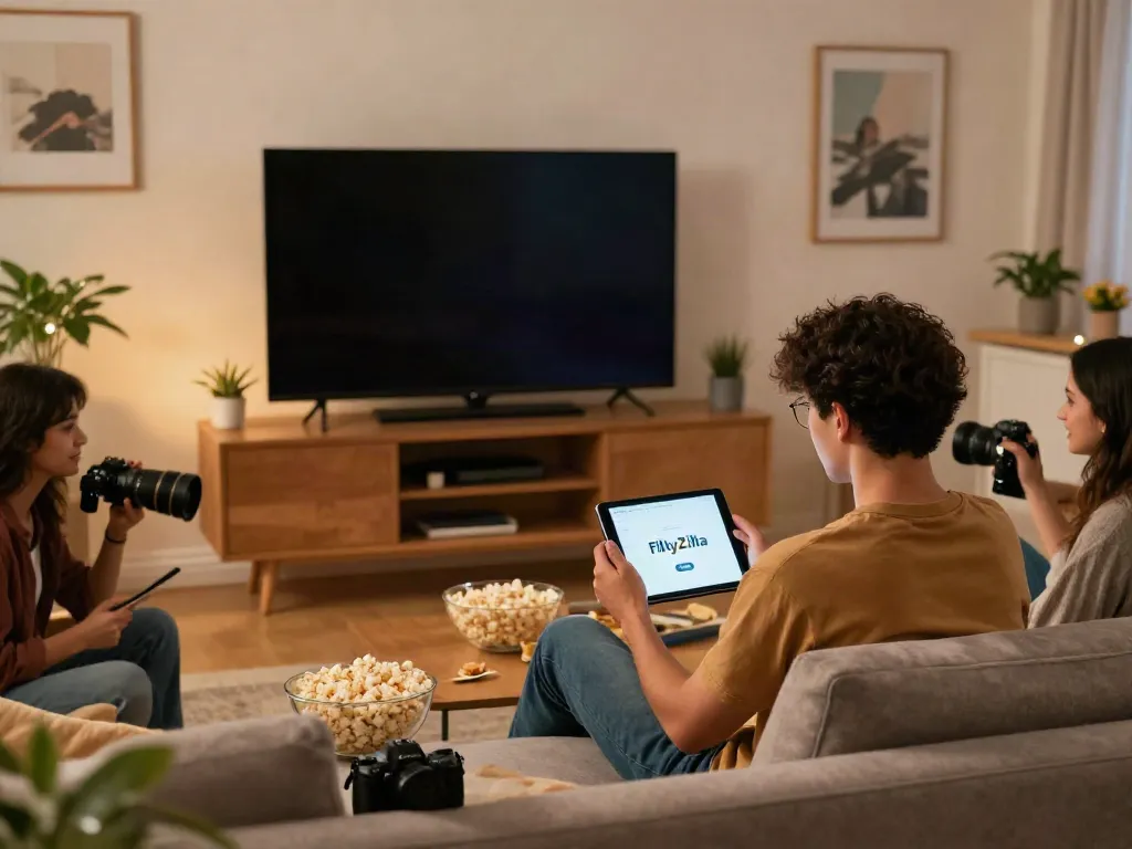 Enjoying movie night with FilmyZilla APK on tablet, friends gathered, cozy living room setting