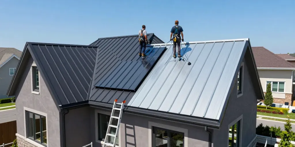 Metal Roof Renovation with standing seam panels installed by professional crew on a sunny suburban home.