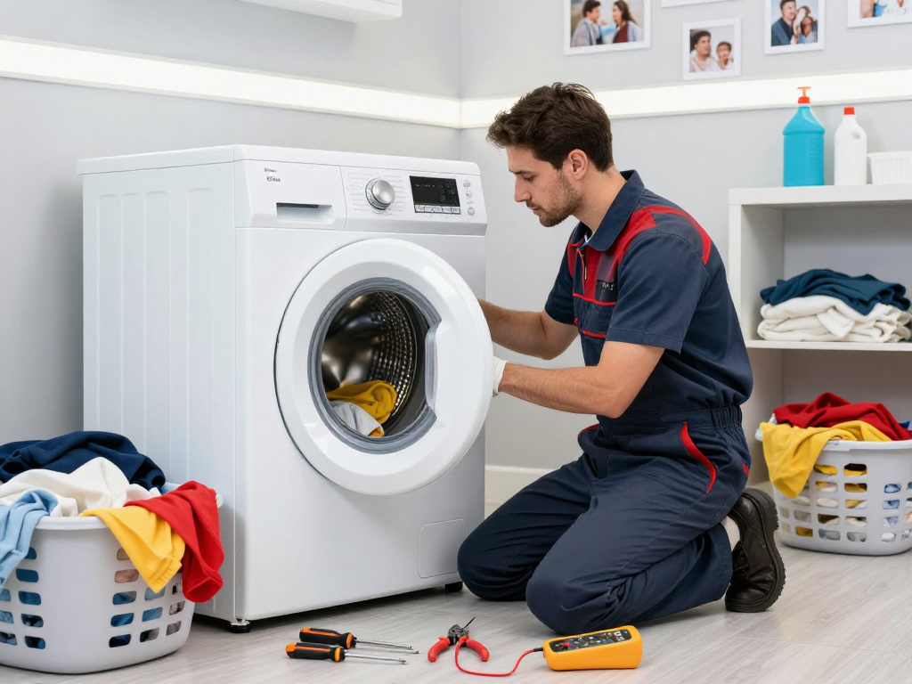 Technician performing washer repair Newmarket in a bright laundry room, showcasing expertise and tools.