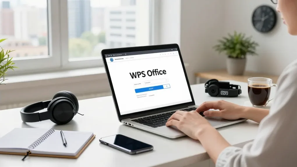 WPS Download in a modern workspace scene with a laptop, tech gadgets, and a city view.
