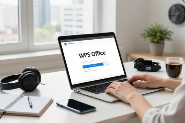 WPS Download in a modern workspace scene with a laptop, tech gadgets, and a city view.