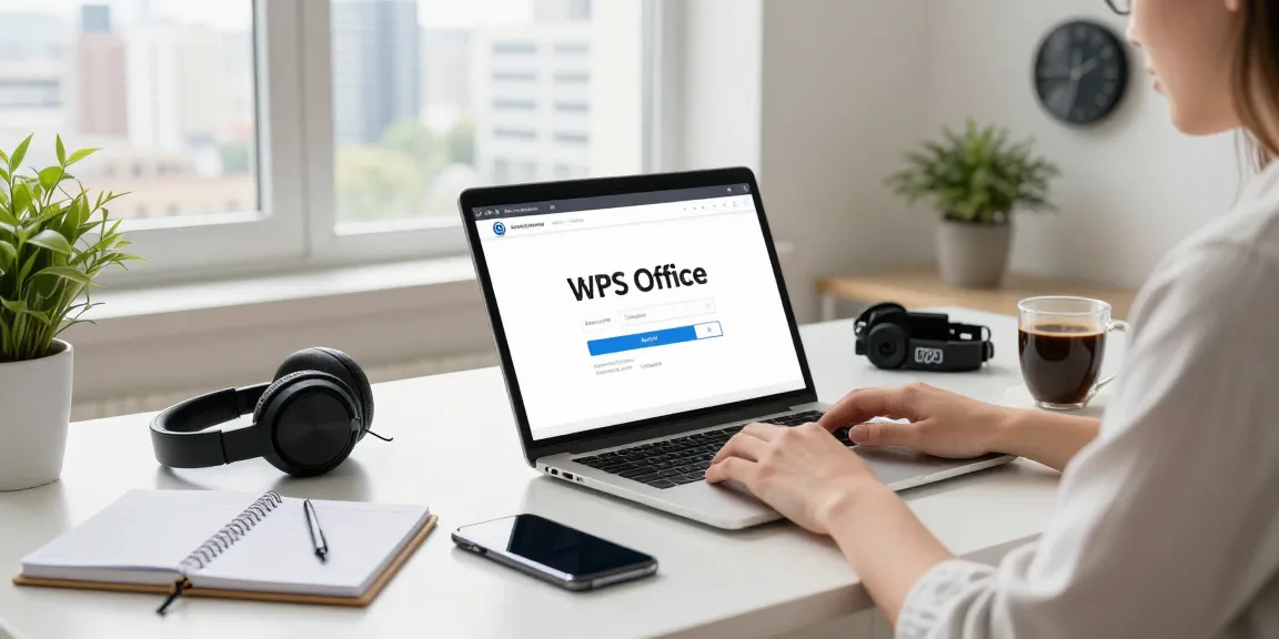 WPS Download in a modern workspace scene with a laptop, tech gadgets, and a city view.